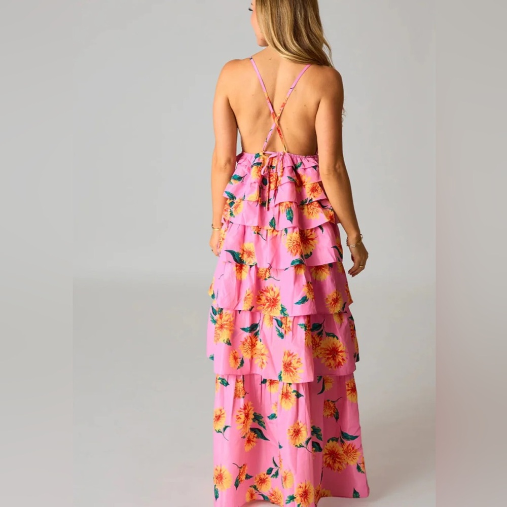 Viral Buddy Love Floral Sunflower Pink Ruffle Maxi Dress - Picture 5 of 9